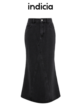 indicia标记商场同款春秋黑色牛仔半身裙复古修身裙子F2C4QZ500C