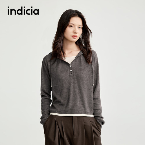 indicia标记25秋新款咖色假两件慵懒风连帽针织衫L2C5ZZ158
