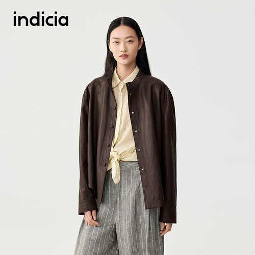 indicia标记商场同款秋冬款女装宽松棕色皮衣夹克外套F2C5PY380F