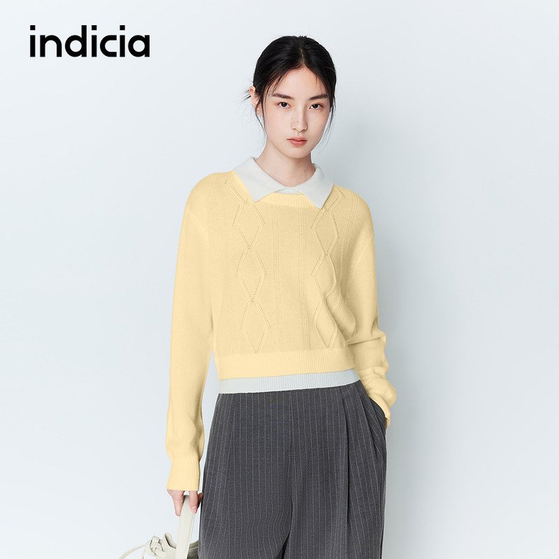 indicia标记商场同款26春季新款女装羊毛黄色拼接针织衫L2A6ZZ013