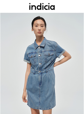 indicia标记女装夏简约摩登通勤短袖牛仔连衣裙6B406LQ330C