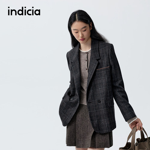 indicia标记商场同款2026春季新款灰色格纹西装外套时尚女装