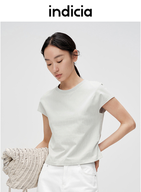 indicia标记落肩袖圆领T恤上衣棉短款纯色夏季女装6B404TX222N
