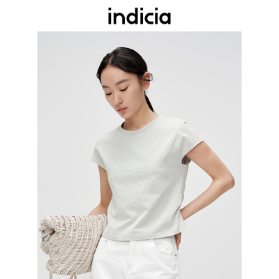 indicia标记落肩袖圆领T恤上衣棉短款纯色夏季女装6B404TX222N
