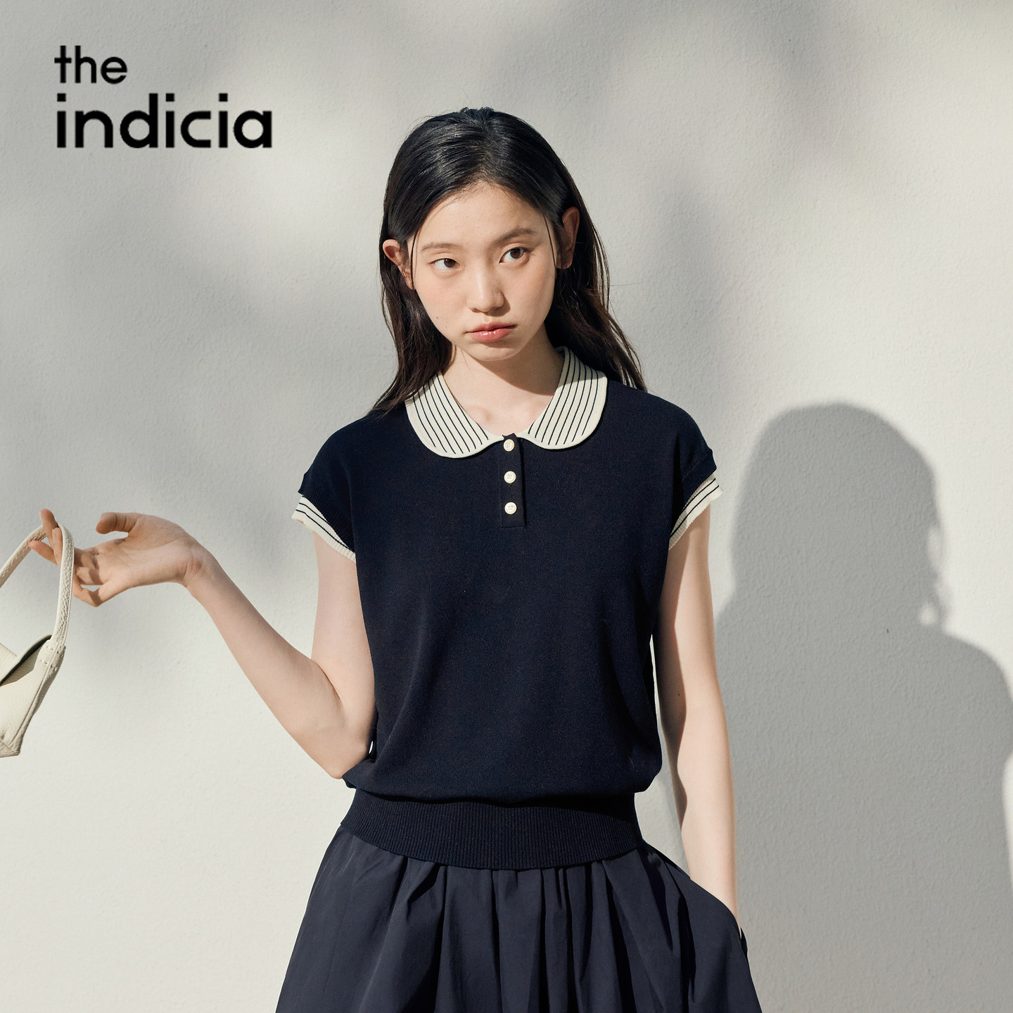 indicia标记商场同款2026夏季女装娃娃领藏青色针织衫L2B6ZZ188Y