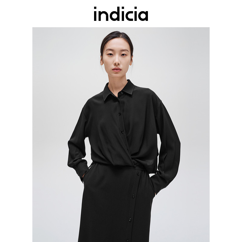 indicia标记商场同款简约黑色醋纤连衣裙春秋季女装F2C4LQ460C