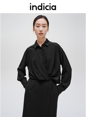 indicia标记商场同款简约黑色醋纤连衣裙春秋季女装F2C4LQ460C