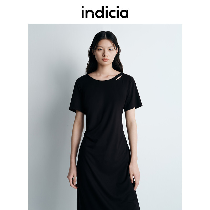 indicia标记25夏新款扭褶黑色连衣裙显瘦气质裙子女装L2B5LQ100