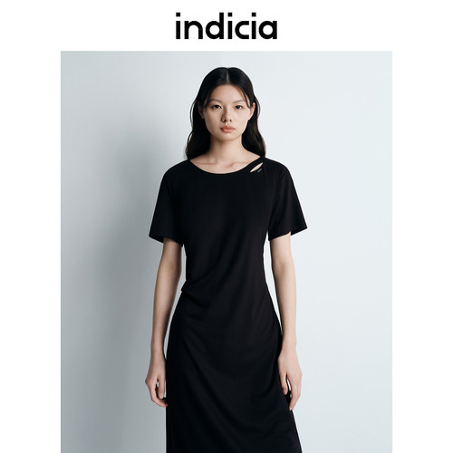 indicia标记25夏新款扭褶黑色连衣裙显瘦气质裙子女装L2B5LQ100