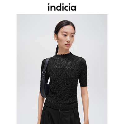 indicia标记商场同款褶皱肌理感针织衫纯棉女上衣春秋F2C4ZZ448C
