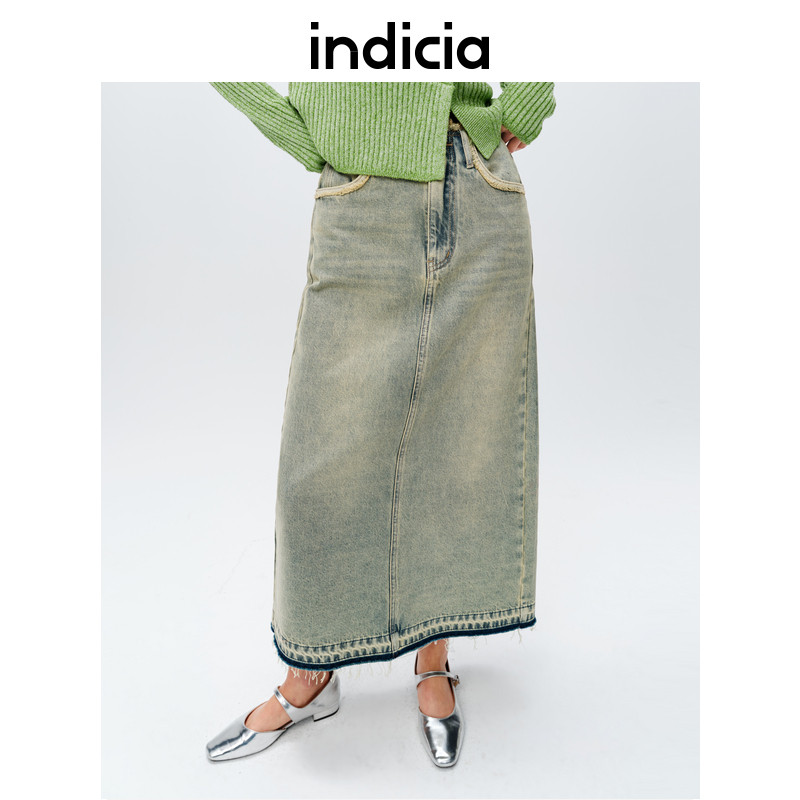 indicia标记春秋女装毛边a字半身裙复古长款牛仔裙C6A401QZ002