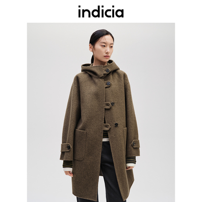 indicia标记商场同款冬季绵羊毛连帽毛呢大衣外套女装F2D4DY739C