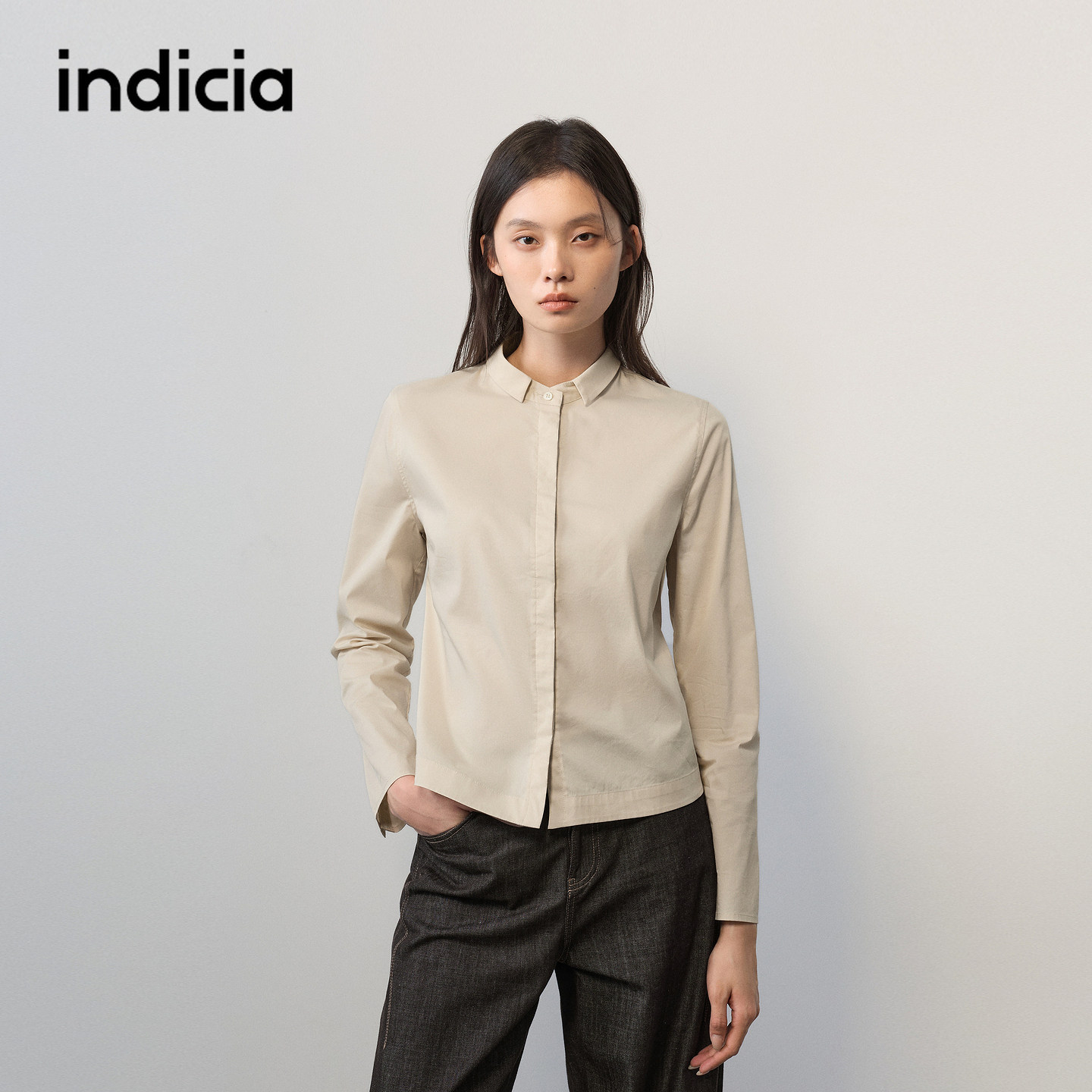 indicia标记商场同款2026秋季新款女装米色长袖衬衫上衣时尚职业