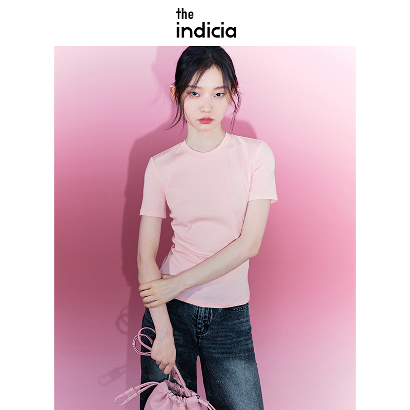 indicia标记夏季新款品质女装简约纯色短袖t恤女粉色修身上衣休闲