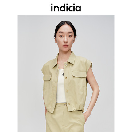 indicia标记商场同款纯色卡其翻领口袋无袖百搭马夹6B404MJ246N