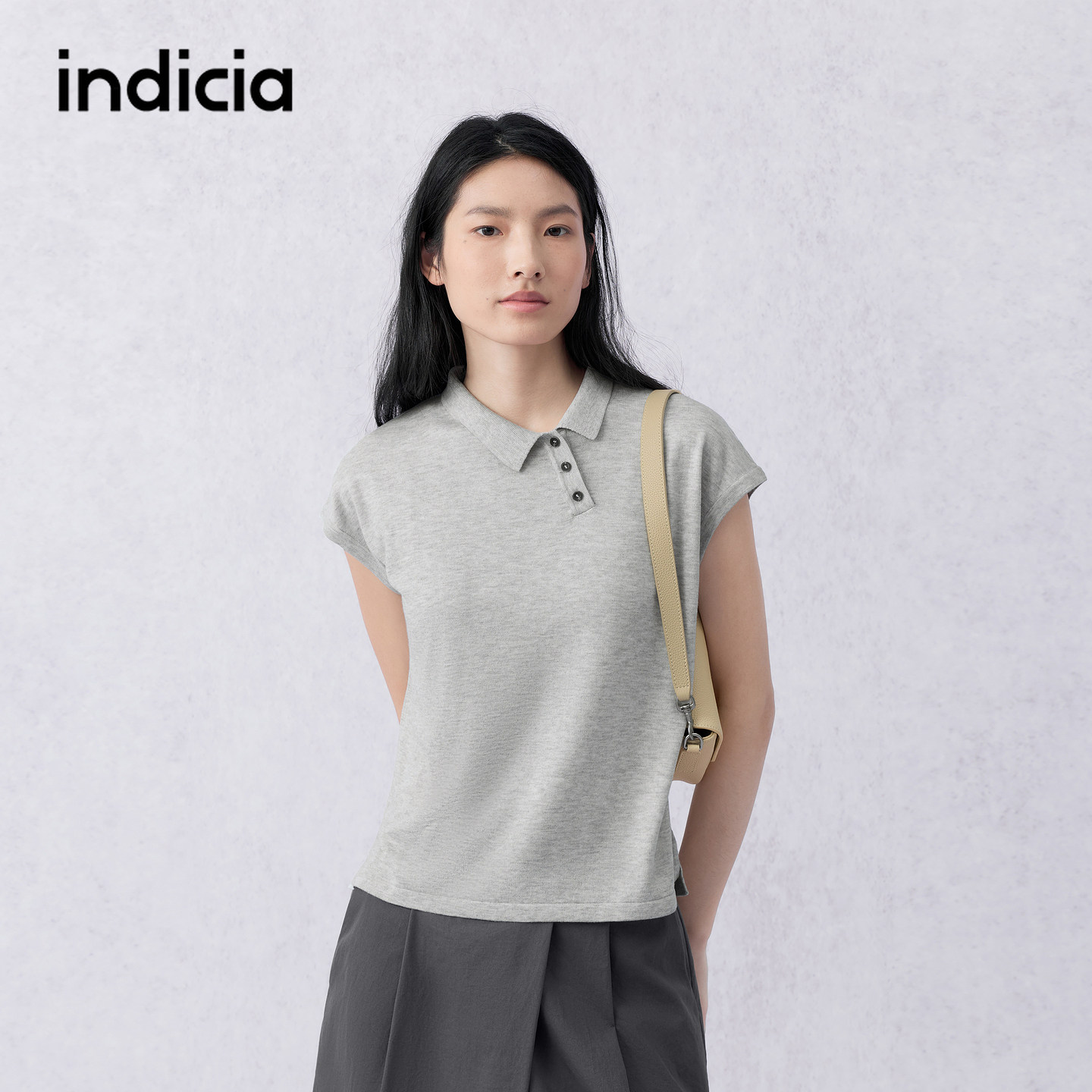 indicia标记商场同款2026夏季新款女装莱赛尔灰色针织衫上衣女