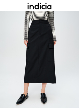 indicia标记商场同款春秋季黑色工装半身裙修身裙子6A403QZ159F