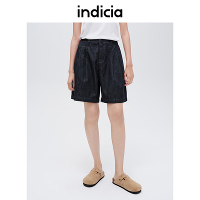 indicia标记商场同款藏青色牛仔蓝休闲短裤春秋女装F2C4DK421N-1