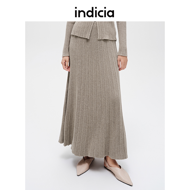 indicia标记纯棉针织半身裙黑色长裙子驼色24秋季新款时尚女装