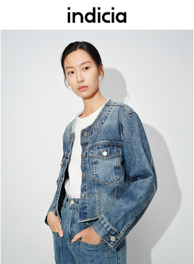indicia标记2024秋季新款蓝色短款牛仔外套磨白时尚女装L2C4WT156