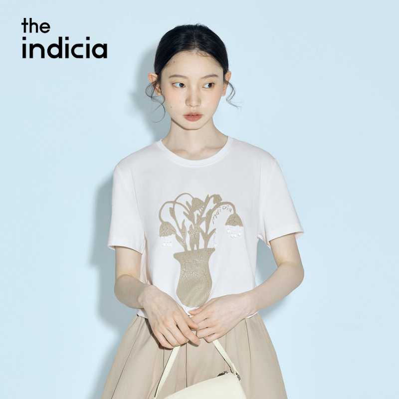 indicia标记商场同款2026夏季新款女装白色纯棉T恤花瓶图案上衣女