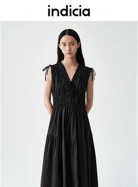 indicia标记商场同款25夏新款设计感v领抽褶无袖连衣裙F2B5LQ237F