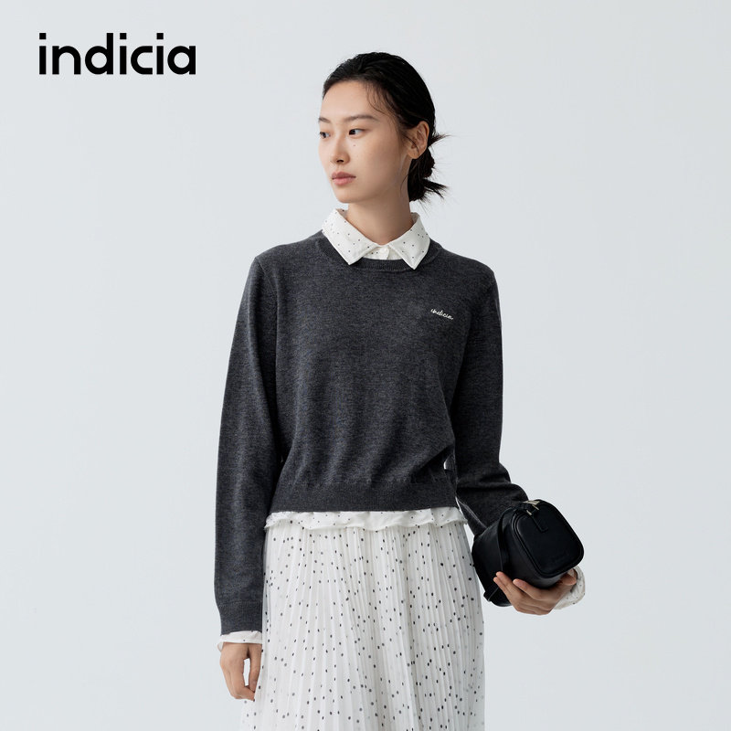 indicia标记商场同款2026春季女装灰色棉桑蚕丝假两件针织衫上衣图片