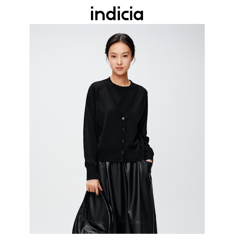 indicia标记假两件圆领针织衫上衣黑色毛衣春秋女装6A401ZZ023N