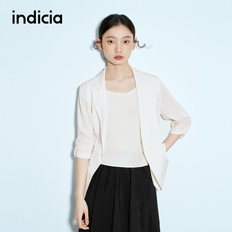 indicia标记商场同款夏季薄款桑蚕丝真丝西装短外套纯色气质女装