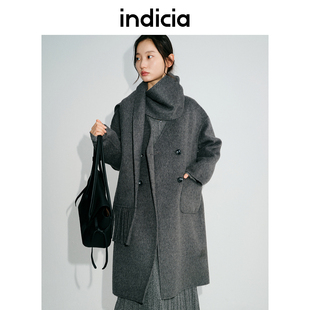 indicia标记女装冬季款双面呢子大衣长款围巾领绵羊毛L2D4DY189