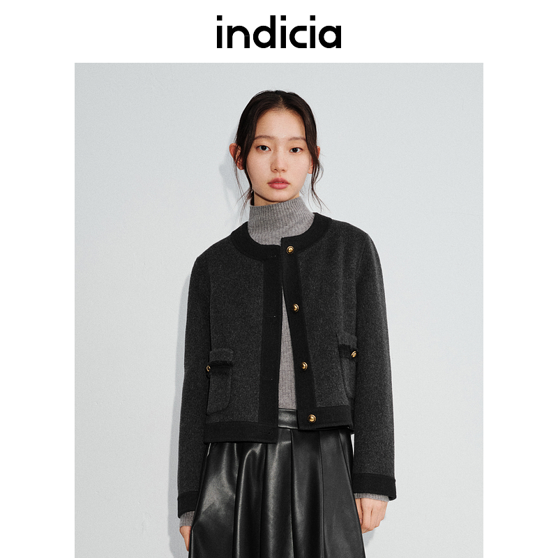indicia标记24年秋冬新款绵羊毛小香风外套短款复古毛呢大衣女装