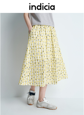 indicia标记25夏新款字母裙法式黄色格纹半身裙度假女装L2B5QZ105