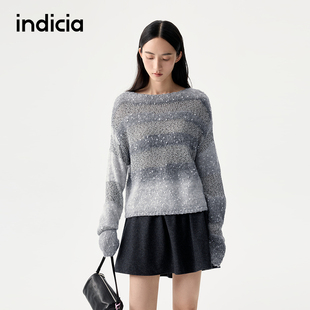 indicia标记25秋新款复古重工灰色花纱条纹针织毛衫L2D5MS217
