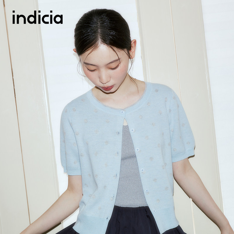 indicia标记商场同款26夏季新款女装蓝色针织衫波点开衫L2B6KS054