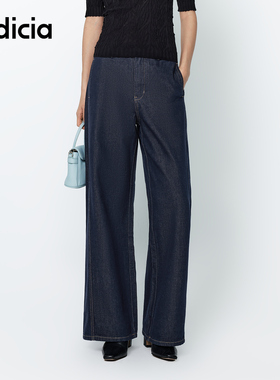 indicia标记25秋冬复古风线条深蓝色阔腿牛仔裤高腰L2D5NK210-1