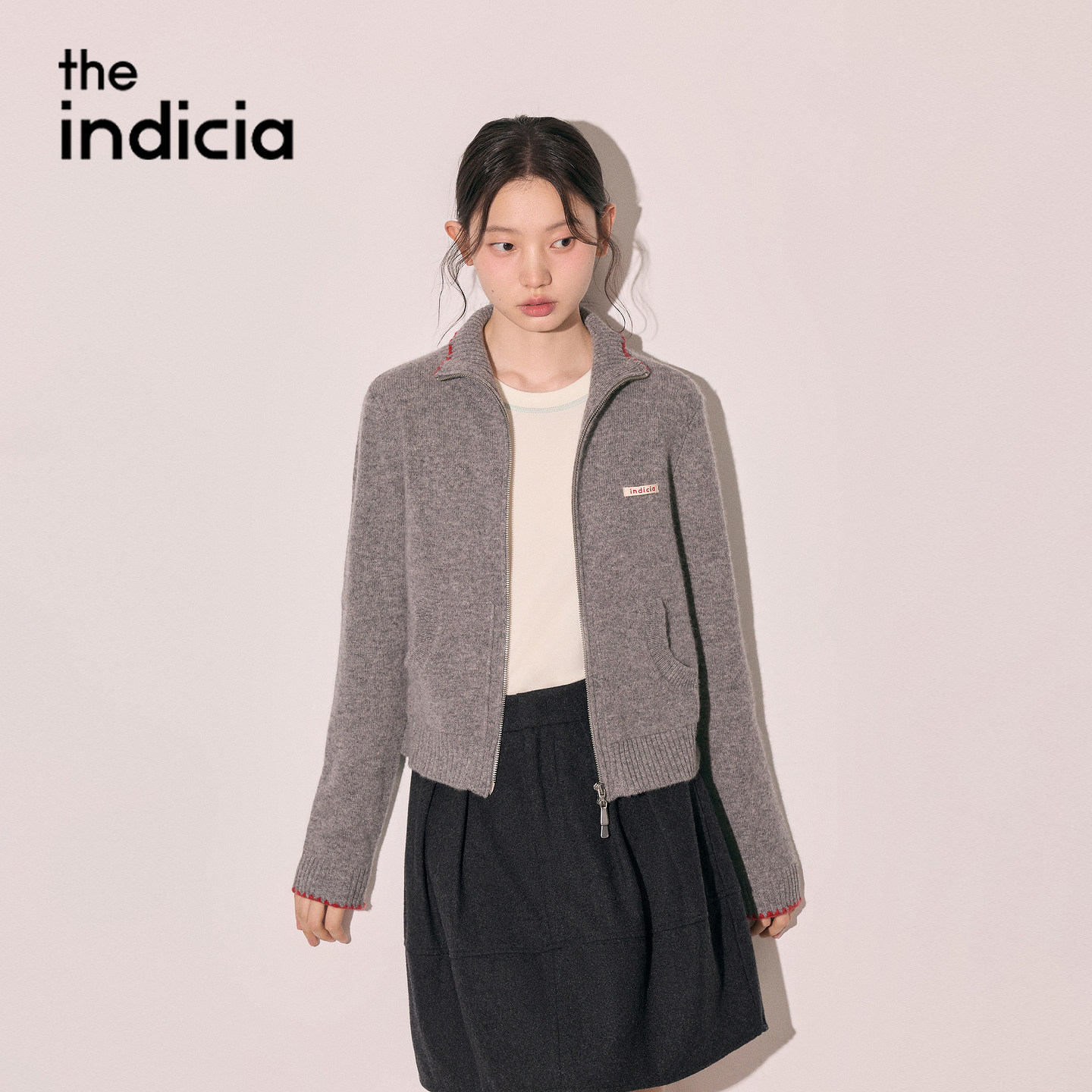 indicia标记羊毛针织衫灰色开衫毛衣2026冬季新款女装L2D6KS318Y图片