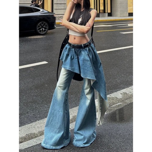 欧美复古水洗假两件牛仔裤子女秋冬新款辣妹设计感拼接喇叭裤