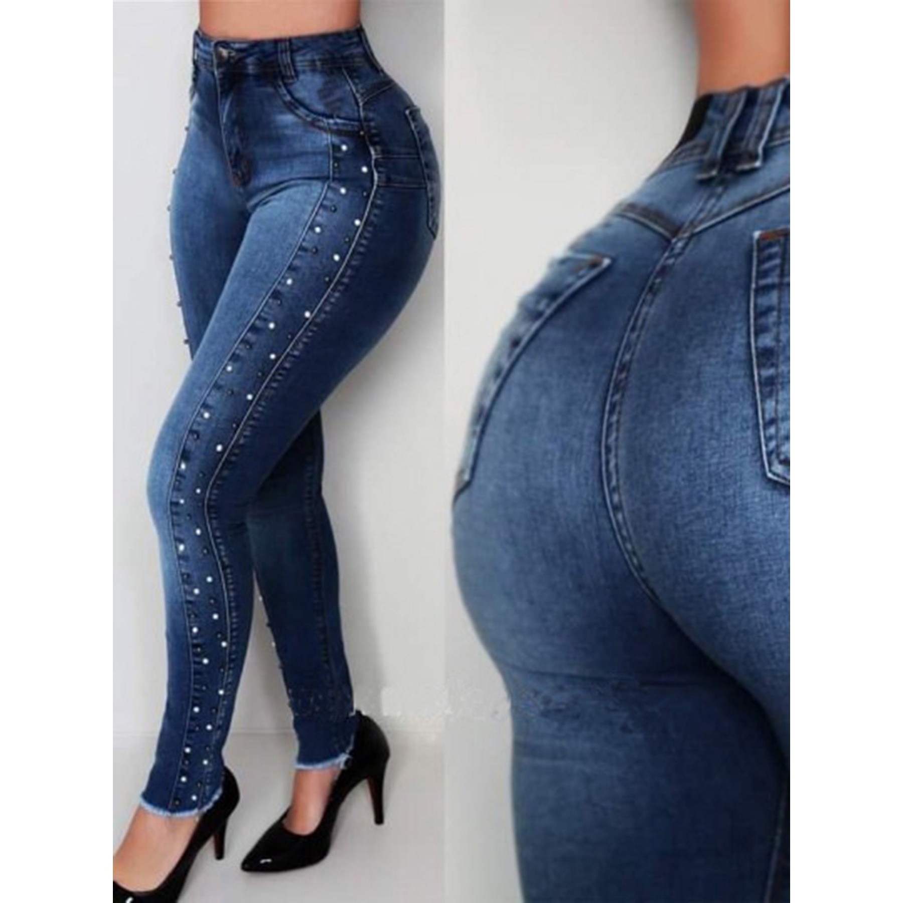 欧美秋冬季新款南美高腰钉钻钉珠push up 提臀高弹力小脚裤牛仔裤