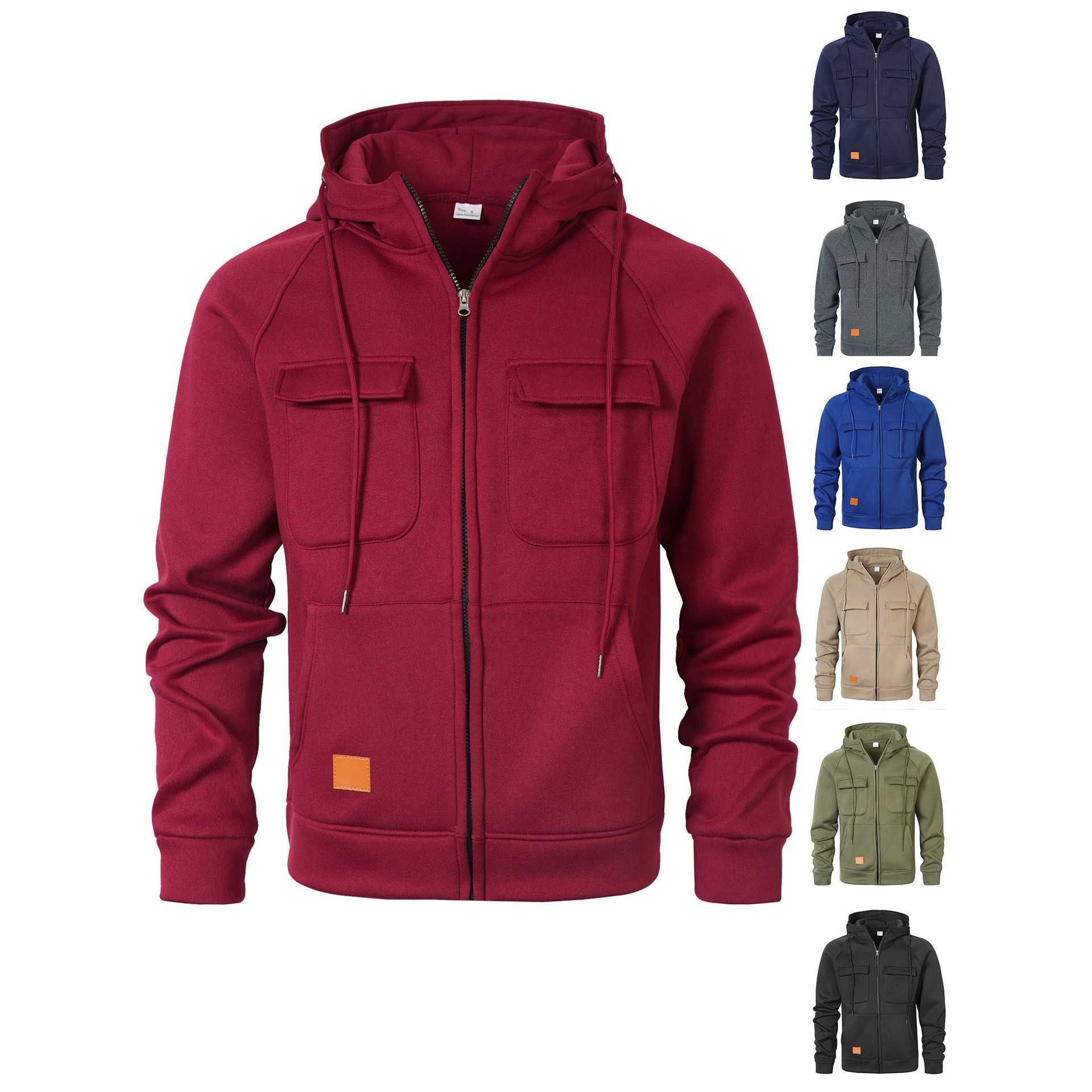 跨境欧码春秋冬美式连帽宽松立领休闲卫衣男士多口袋开衫拉链外套