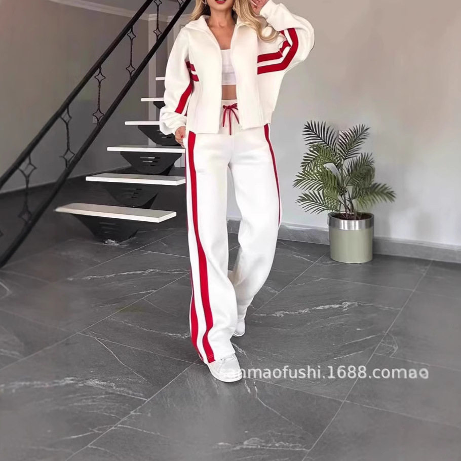 2024欧美跨境亚马逊秋季外贸Y2K条纹拉链上衣外套休闲运动套装女