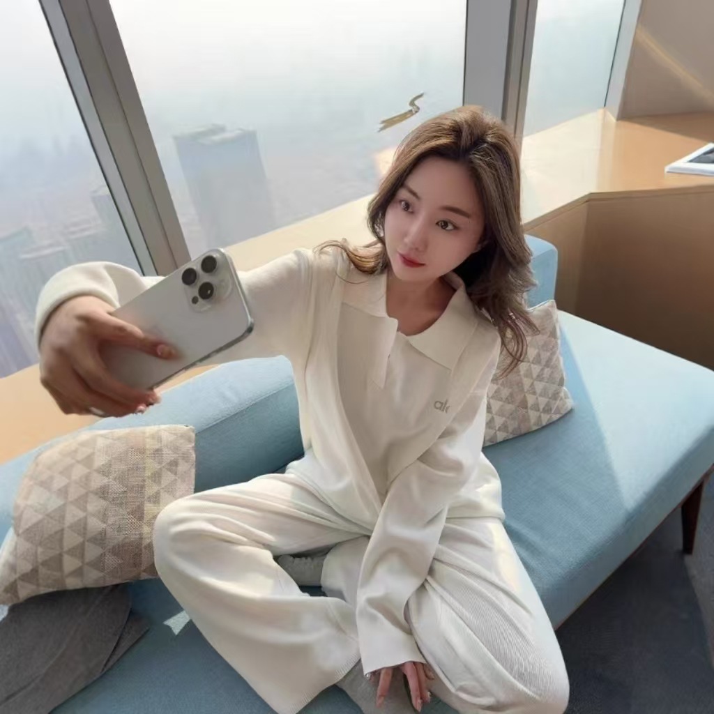 Al0 Y0ga欧美慵懒秋冬针织毛衣polo领套头阔腿裤瑜伽健身运动套装