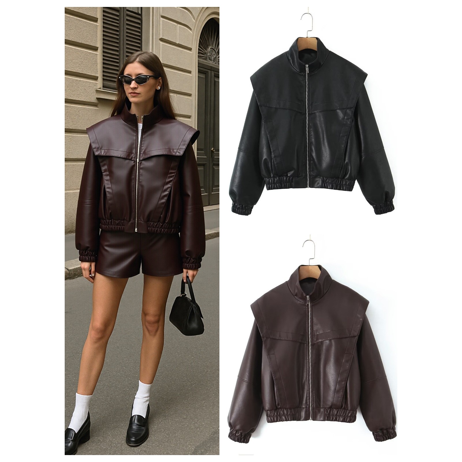 欧美跨境2025新款春秋女装复古大翻肩设计PU皮拉链饰夹克外套