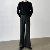 男笙 男 压褶设计三本针工艺灰色微喇西裤 高品质色纺TR混纺 冬季