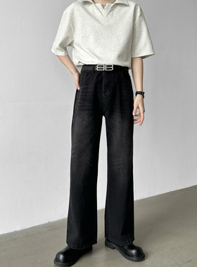 男笙 韩系秋冬季2021M直筒A字牛仔裤男阔腿宽松黑灰水洗牛仔裤男