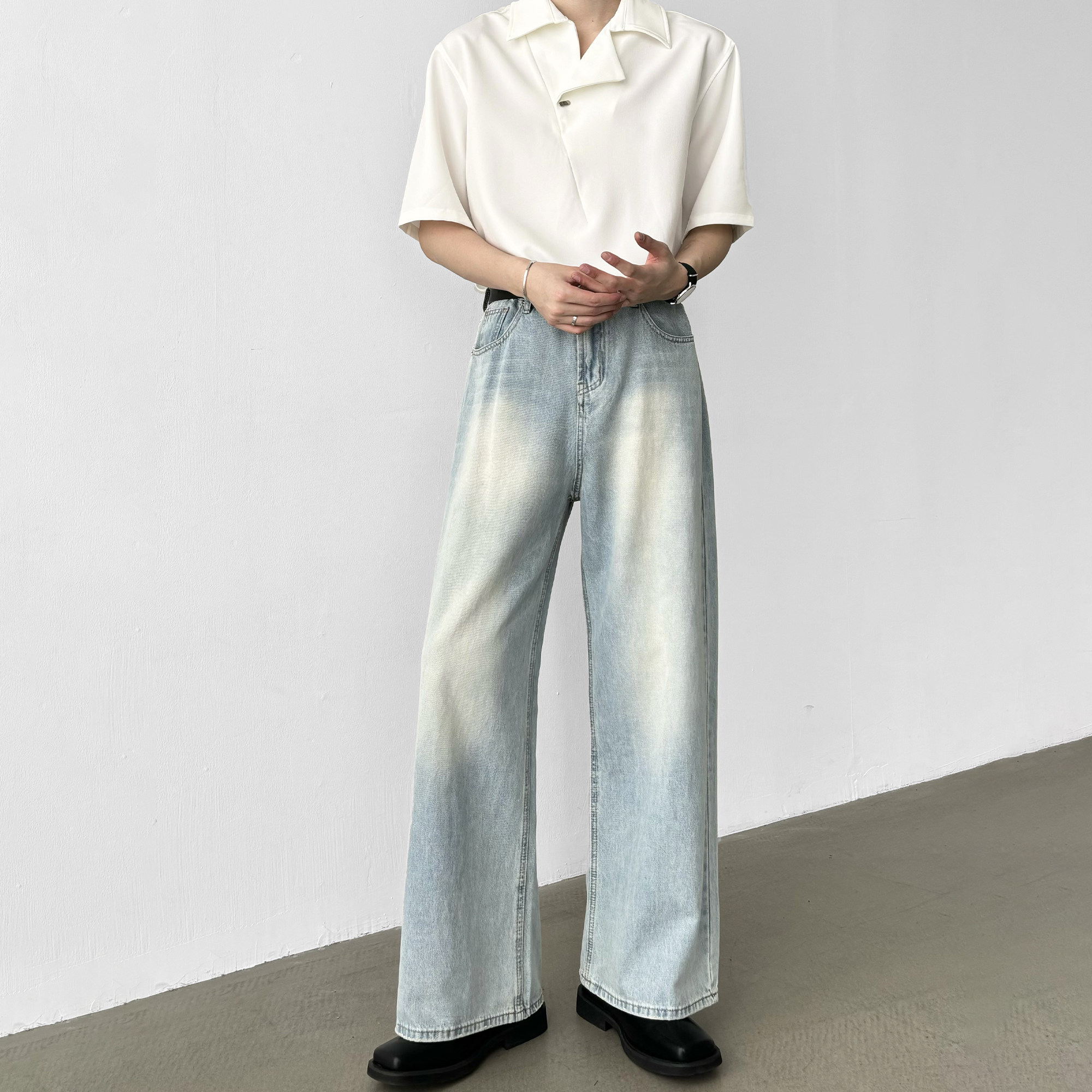 男笙HOME 2026韩系春季高腰直筒A字牛仔裤拖地宽松阔腿牛仔裤男 - 男笙 HOME出品