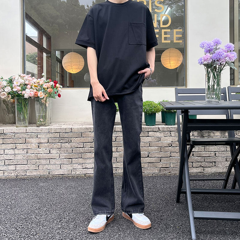 2026春季显高微喇烟灰色牛仔裤男款宽松破洞显瘦小个子微喇牛仔裤