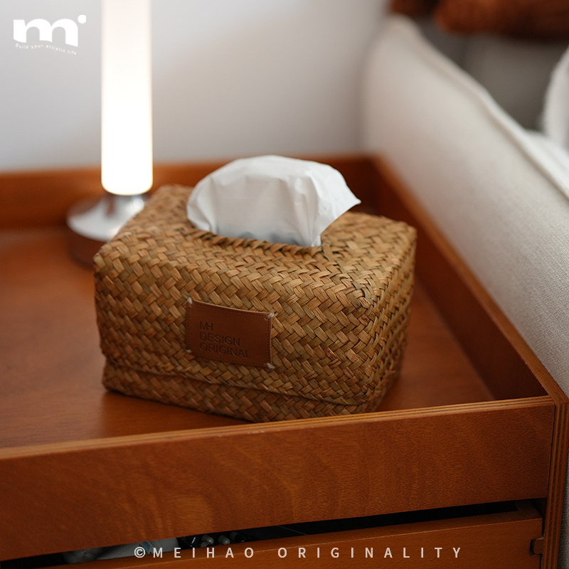 日式ins天然海草纸巾盒纯手工编织抽纸盒客厅卧室书桌家用纸巾套