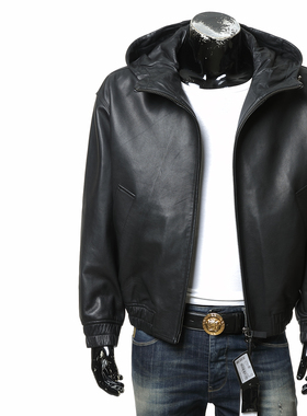 Armani/阿玛尼EA 男士真皮连帽夹克外套皮衣 EM000324 AF11875