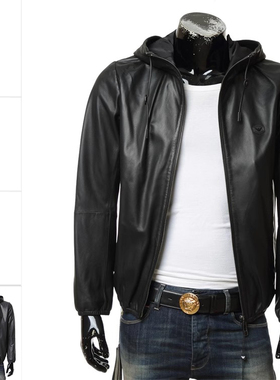 Armani/阿玛尼EA 鹰标 男士连帽真皮夹克外套皮衣 01R54P 01P54