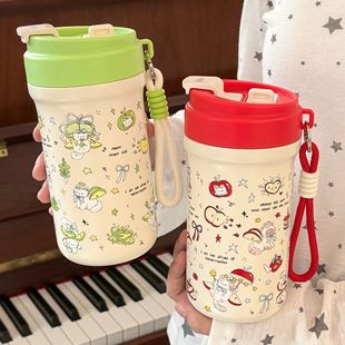 恒度苹果小猫保温杯女生可爱高颜值学生316不锈钢双饮便携双饮杯